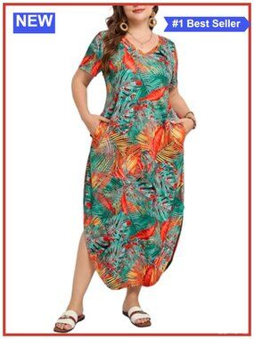 Plus Size Maxi Dress V-Neck Short Sleeve Loose Pocket Slits Long Dress